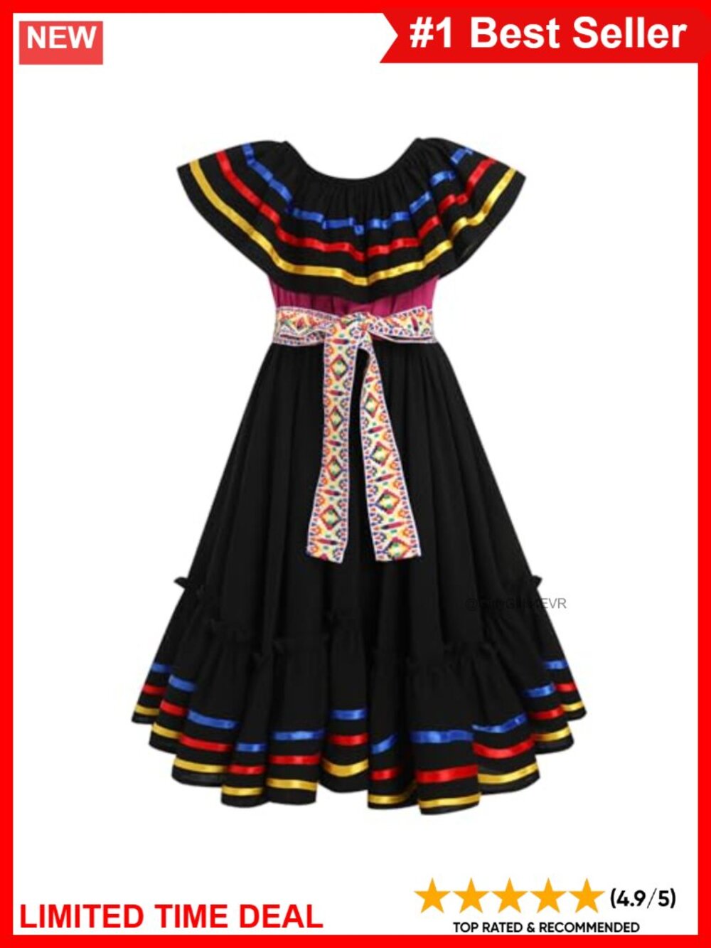 Girls Mexican Folk Ruffle Drape Dress with Belt Sleeveless Cotton